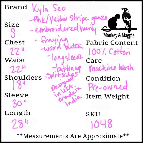 Kyla Seo Button Front Blouse Top Yellow Pink Embroidered Fray Art To Wear Small - Picture 10 of 10